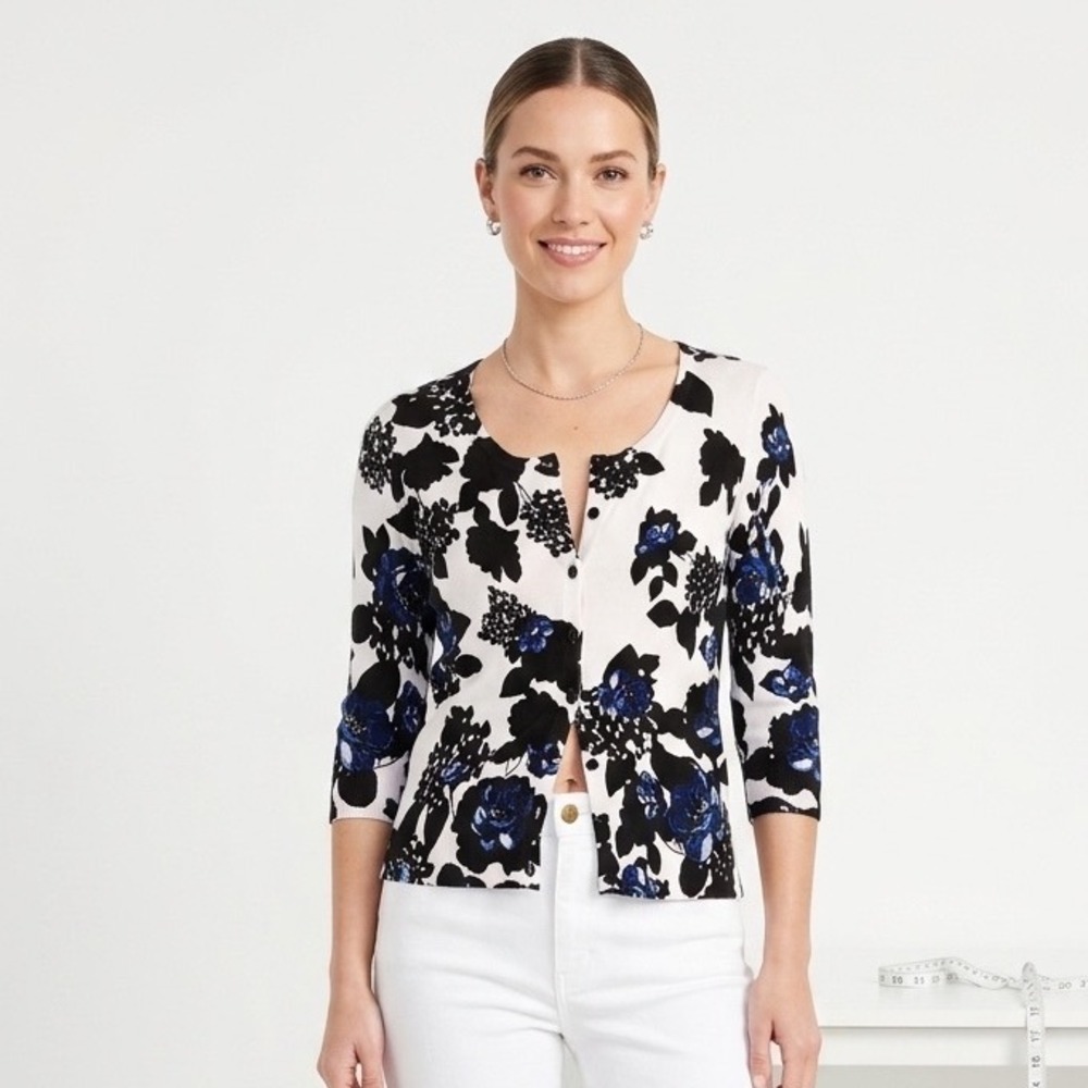Floral Button Front Cardigan Blue Black White Rayon Blend Knit Sweater Womens